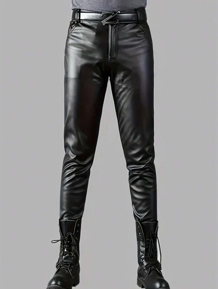 Men's Classic Style Skinny Slim Fit Elastic Leather Trousers